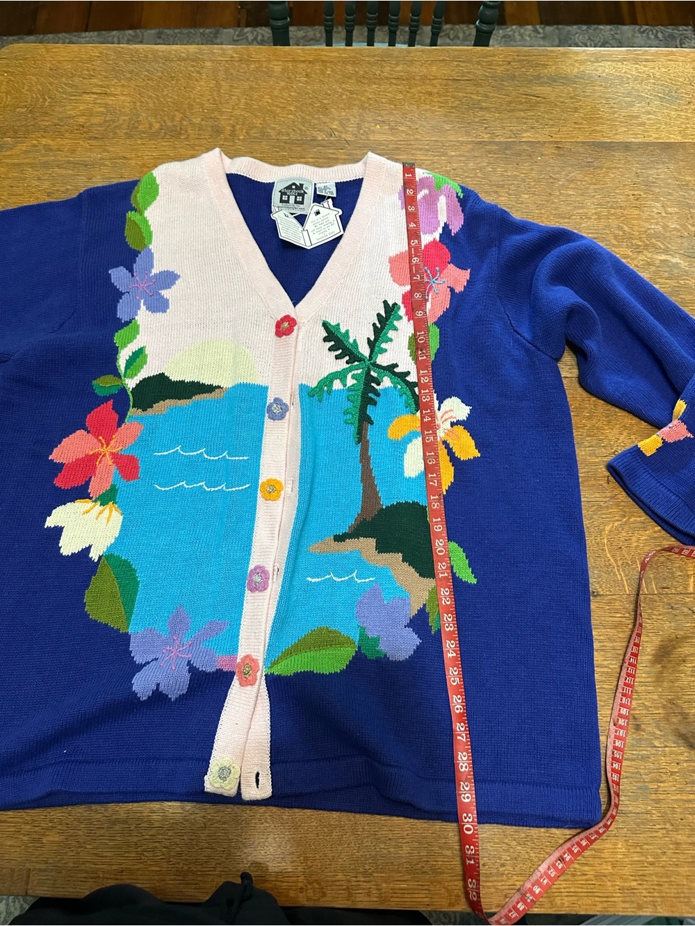 Storybook Knits Blue Tropical Cardigan with Pink Trim